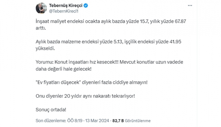 Tebernüş Kireçci: Konut inşaatları hız kesecek, şu anki konutlar daha da değerlenecek!