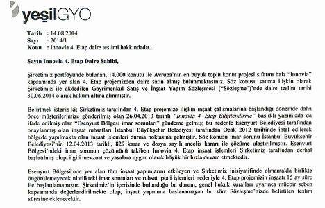 Yeşil GYO, Innovia 4 te sözleşme fesheden müşteriden kesinti yapmayacak!