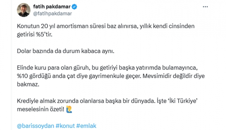 Konutun 20 yıl amortisman süresinde yıllık getirisi yüzde 5! 