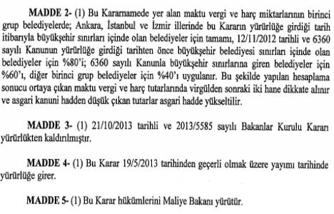 Belediye Gelirleri Kanunu nda yer alan bazı vergi ve harç tarifelerine ilişkin karar alındı!