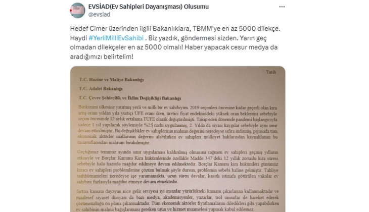 Ev sahiplerinden Bakanlıklara, TBMM ye dilekçe gidiyor: Borçlar Kanunu kira hükümleri değişmeli! EVSİAD duyurdu!