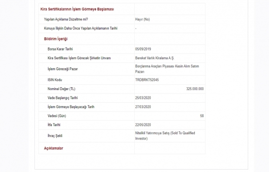Bereket Varlık Kiralama nın 325 milyon TL lik kira sertifikaları Borsa İstanbul da işlem görecek!