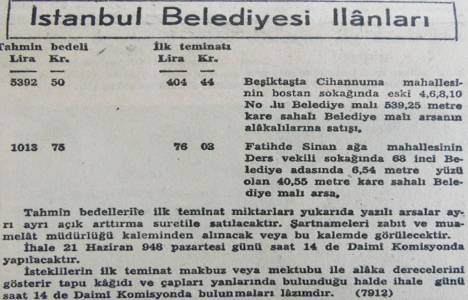 1948 yılında Beşiktaş Cihannüma Mahallesi'nde 539 metrekare arsa 5.392 liraya satılacakmış!
