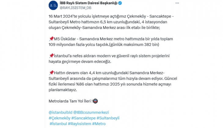 Samandıra Merkez- Sultanbeyli Metrosu bu yıl sonu açılıyor!