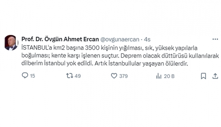 Prof. Dr. Övgün Ahmet Ercan dan İstanbul açıklaması: Artık İstanbullular yaşayan ölülerdir!