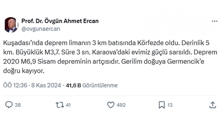 Ege Denizi 3,6 büyüklüğünde sallandı! Deprem uzmanı Övgün Ahmet Ercan, Gerilim doğuya kayıyor uyarısını yaptı!