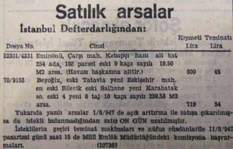 1947 yılında Beyoğlu'nda 239 metrekare arsa 719 liraya satılacakmış!