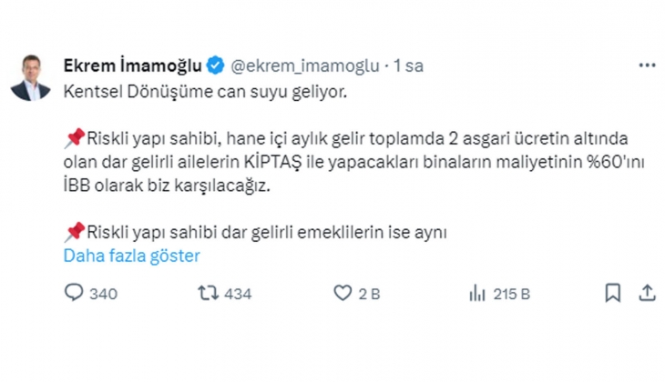 Ekrem İmamoğlu ndan kentsel dönüşüm müjdesi: Asgari ücretlilerin ve emeklilerin maliyetlerinin bir kısmı karşılanacak!