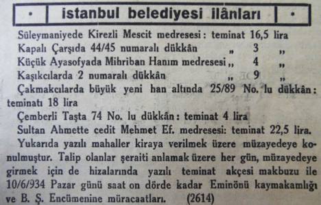 1934 yılında Mehmet Efendi Medresesi 22 buçuk lira teminat ile satılıkmış!