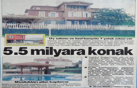 1990 yılında Boğaziçi ndeki villa ve konak fiyatlarında gerileme görülmüş!