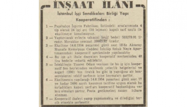 1954 te Aksaray daki Paşabahçe İspirto Fabrikası nın arsasına 50 lojman ihalesi!