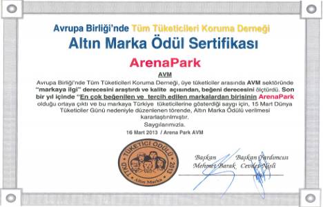 ArenaPark'a Altın Marka Ödül Sertifikası verildi!