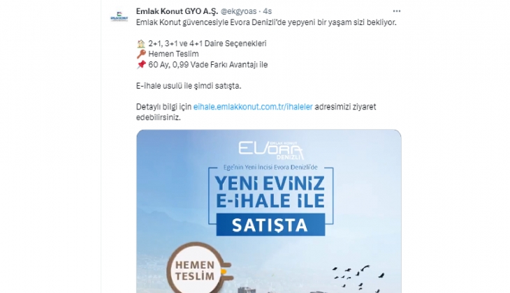 Emlak Konut GYO Evora Denizli 60 ay, 0,99 vade farkı avantajı ile satışta!