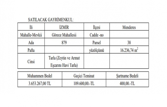 Menderes Belediyesi nden 3.6 milyon TL ye satılık arsa!