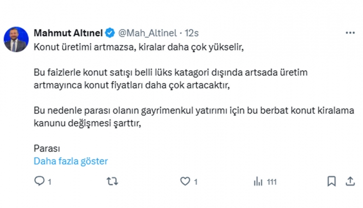 Avukat Mahmut Altınel: Konut üretimi artmazsa ve kira kanunu değişmezse kiralar daha çok yükselir!
