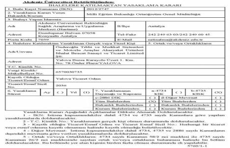 Önderoğlu Tıbbi ve Medikal Sistemleri Şirketi ne ihalelere katılma yasağı!