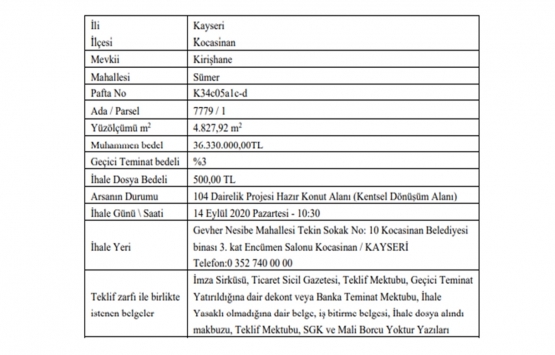 Kocasinan Belediyesi nden 36.3 milyon TL ye kat karşılığı inşaat ihalesi!