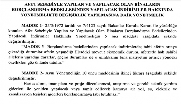 Afet Sebebiyle Yapılan Binaların Borçlandırma Bedelleri Yönetmeliğinde Değişiklik Yapılmasına Dair Yönetmelik!
