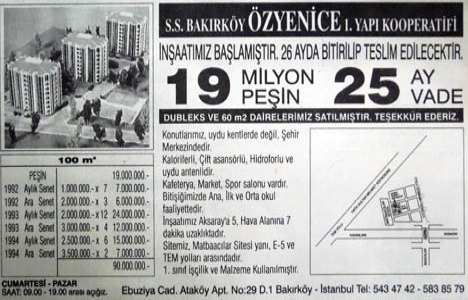 1992 yılında Matbaacılar Sitesi yanında 90 milyon liraya daire!
