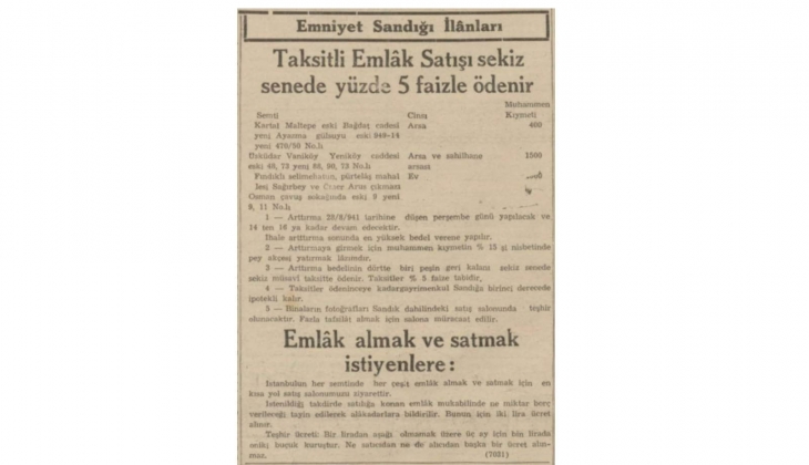 1941 deki Emniyet Sandığı ilanları! Taksitli emlak satışı sekiz senede yüzde 50 faizle ödenecek!