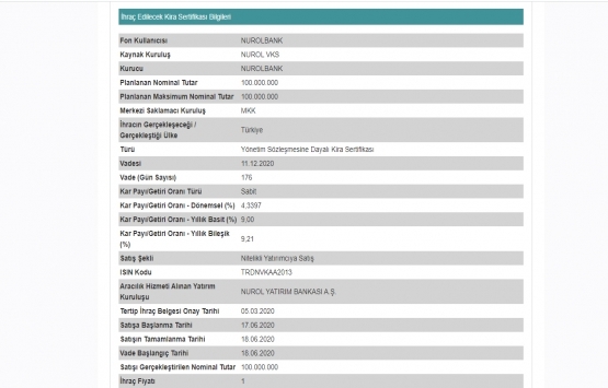 Nurol Varlık Kiralama dan 100 milyon TL lik kira sertifikası ihracı!