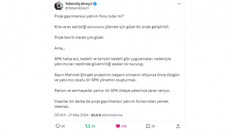 Tebernüş Kireçci açıkladı: Gayrimenkul yatırım fonlarının projelere yatırım yapması tutar mı?