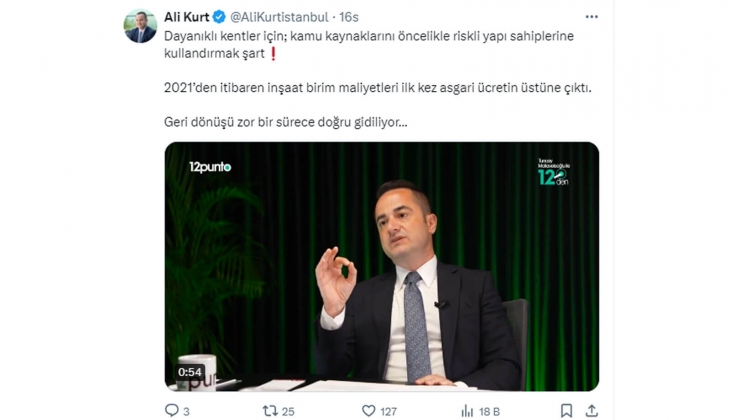 KİPTAŞ Genel Müdürü Ali Kurt: 2021 den beri inşaat birim maliyetleri ilk kez asgari ücreti aştı!