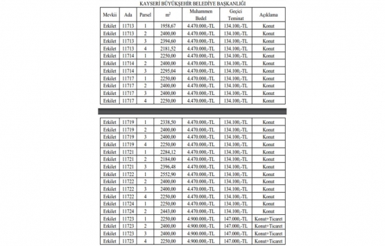 Kayseri de 126.9 milyon TL ye satılık 28 gayrimenkul!