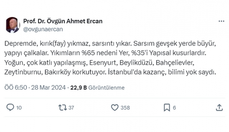 Deprem bilimci Prof. Dr. Övgün Ahmet Ercan, deprem için İstanbul un 5 ilçesini işaret etti: Yoğun, çok katlı yapılaşmış!