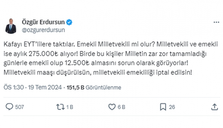 Milletvekili ve emekli olanlar 275 bin TL maaş alıyor: Vekil maaşları düşürülsün, milletvekili emekliliği iptal edilsin!