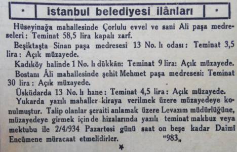 1934 yılında Çorlulu Evvel ve Sani Ali Paşa Medreseleri 58 buçuk lira teminatla kiralıkmış!