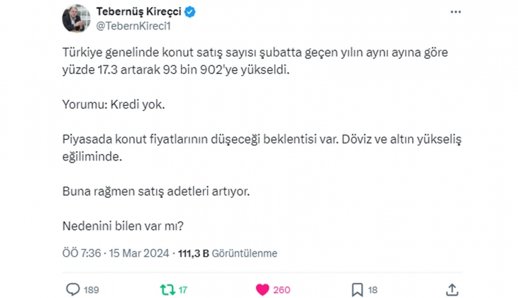 Tebernüş Kireçci sordu: Konut fiyatlarının düşeceği beklentisi var ama satışlar artıyor! Neden?