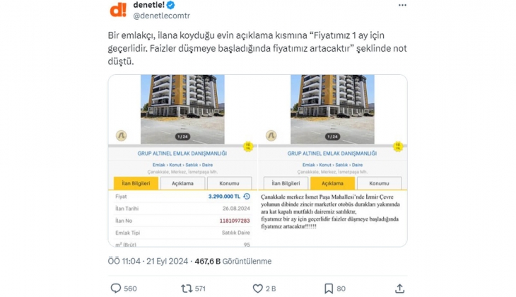 Satılık ev ilanında şaşırtan not: Fiyatımız 1 ay için geçerlidir. Faizler düşmeye başladığında fiyatımız artacaktır!