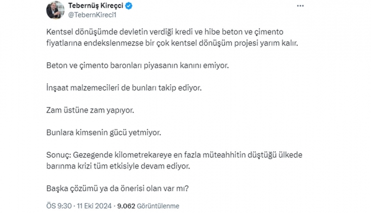 Tebernüş Kireçci uyardı: Kentsel dönüşüm destekleri beton ve çimento fiyatlarına endekslenmezse projeler yarım kalır!