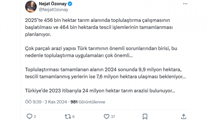 Nejat Özonay: Çok parçalı arazi yapısı Türk tarımının önemli sorunu! Arazi toplulaştırması hız kazanıyor! 