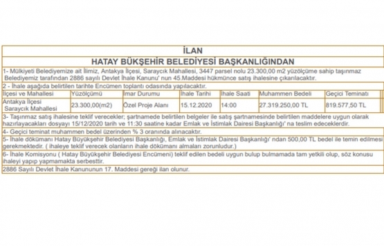 Hatay Büyükşehir den 27.3 milyon TL ye satılık gayrimenkul!