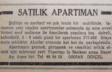 1956 yılında Şişli'de 5 daireli apartman 375.000 liraya satılacakmış!