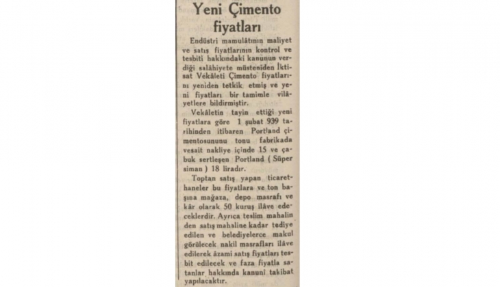 1939 yılında çimentonun yeni fiyatı 15 TL olmuş!