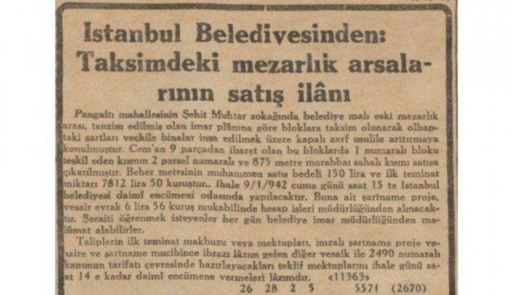 1941 yılında Taksim deki eski mezarlık arsaları satılık!