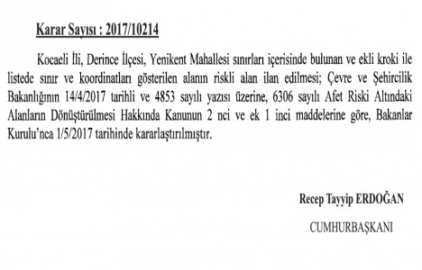 Kocaeli Derince Yenikent te riskli alan kararı!