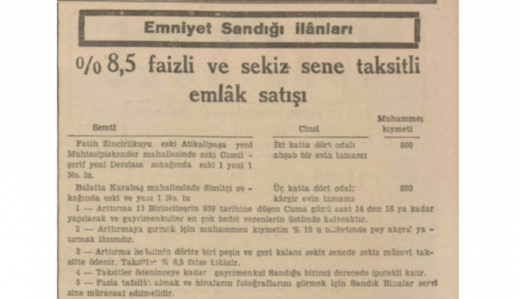 1939 da Fatih te iki katlı ev yüzde 8.5 faiz, 8 yıl taksitle satılık!
