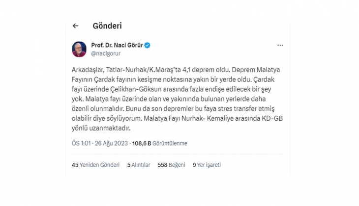 Prof. Dr. Naci Görür den Kahramanmaraş depremiyle ilgili flaş açıklama: Faya stres transfer etmiş olabilir!