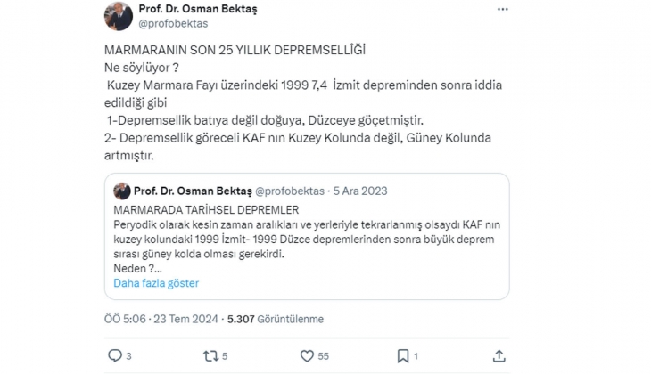 Jeoloji Mühendisi Prof. Dr. Osman Bektaş, Marmara depremlerini anlattı: İznik, Bursa, Çanakkale riskli!