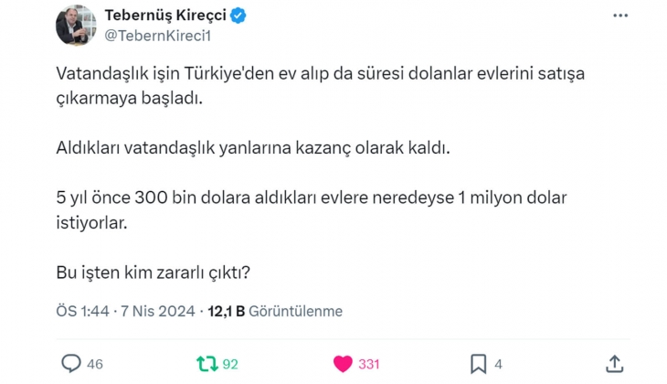 Vatandaşlık için ev alanlar, şimdi satıyor! 5 yıl önce 300 bin dolara alınan ev için fiyatlar 1 milyon doları buluyor! 