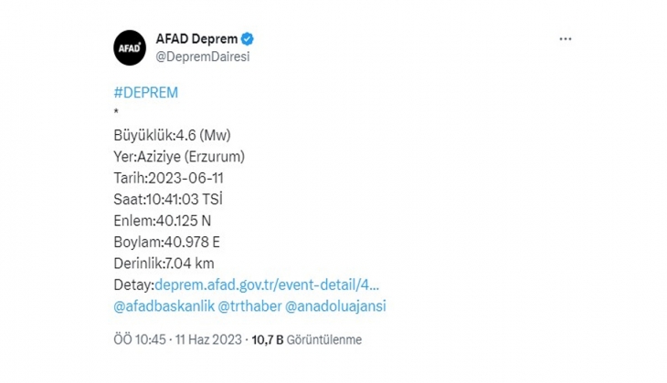 Son dakika deprem! Erzurum da 4.6 büyüklüğünde deprem oldu!