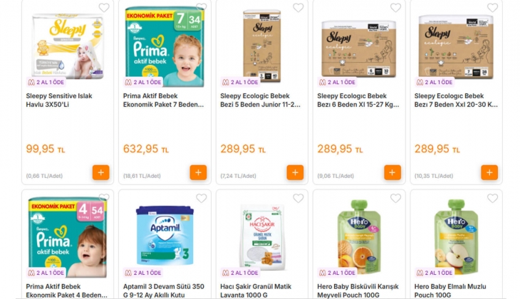 Migros ta bebek ürünlerinde 2 al 1 öde fırsatı! Prima 54 lü bebek bezi 632, Aptamil 350 gr devam sütü 379 TL! 