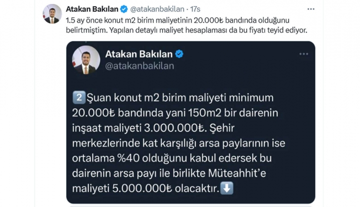 İnşaat Mühendisi Atakan Bakılan hesapladı: 1 metrekare konutun birim maliyeti 26 bin, müteahhite maliyeti ise 33 bin TL!