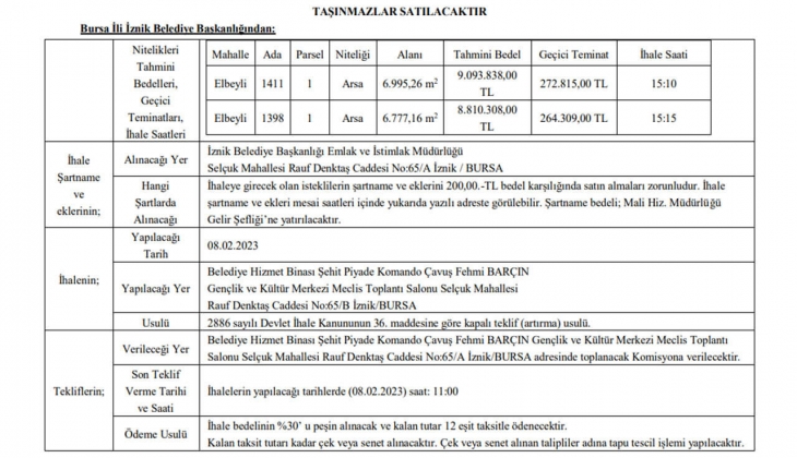İznik Belediyesi 12 taksitle iki arsa satacak! Yatırımcılar dikkat!