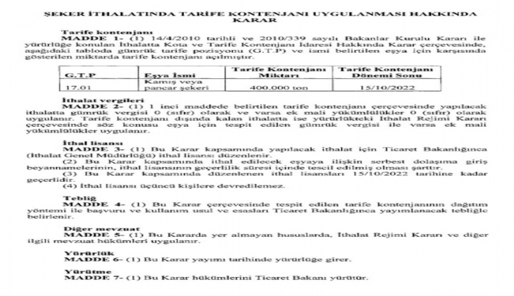 Şeker fiyatlarındaki hareketlerin ardından Tarım ve Orman Bakanlığı açıkladı! Resmi Gazete de yayımlandı