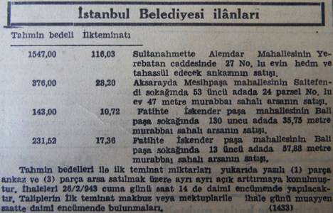 1943 yılında Fatih'te 57 metrekare arsa 231 liraya satılacakmış!